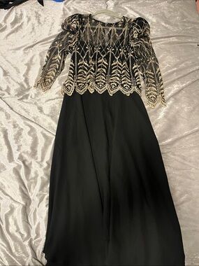 Cachet Black Evening Gown with Gold Embroidered Bodice
